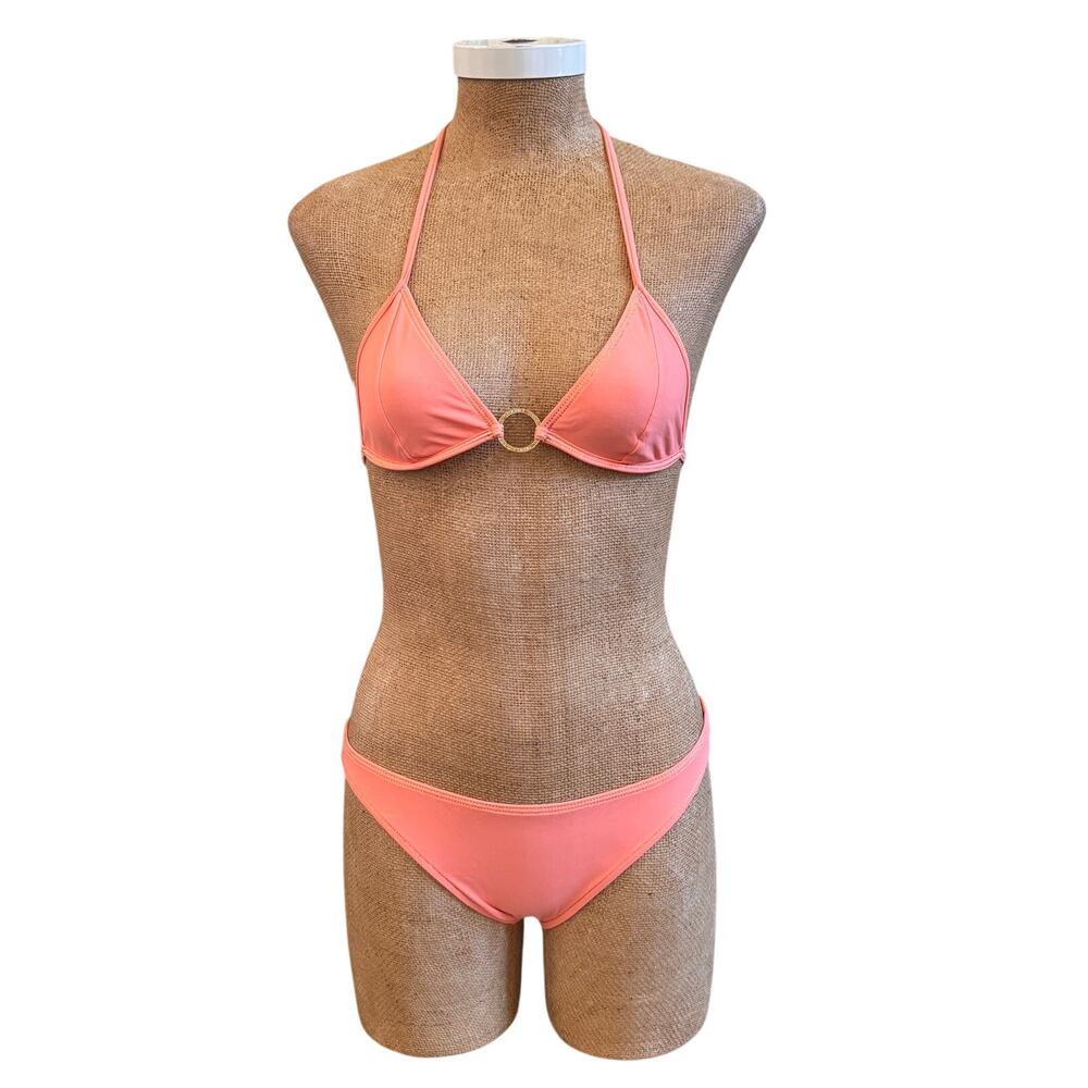 Chanel Pale Orange Gold Ring Triangle Halter Bikini Bathing Swim Suit Sz 38 US 6